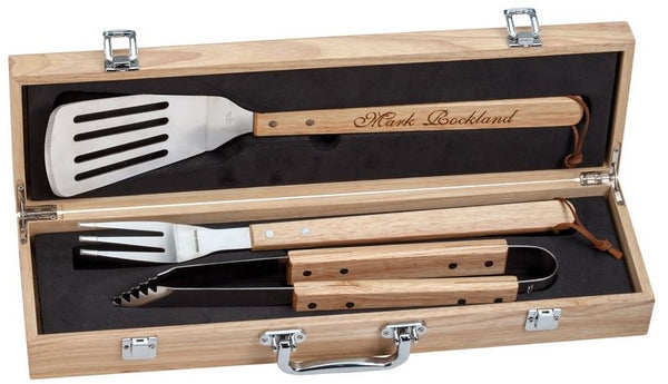 3 Piece BBQ Grill Set w/ Oak Wood Case