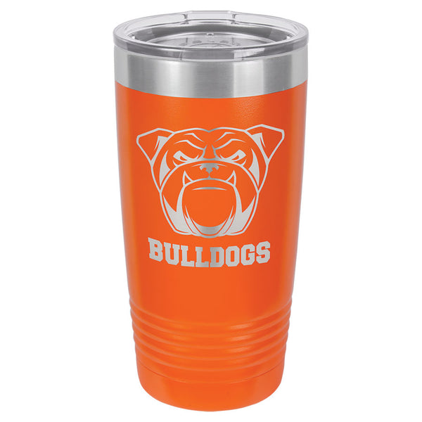 Orange engraved tumbler with a skinny ribbed bottom to fit in a cup holder. Comes with a clear plastic lid.