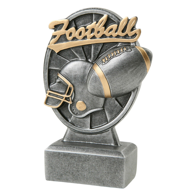 Silver football resin featuring a rectagle base with an oval shape attached. Inside the oval is a football helmet and football. Above that reads "Football" in a gold cursive font.