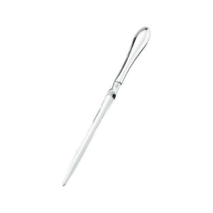 Shiny silver letter opener featuring a sleek rounded handle and sharp pointed edge.