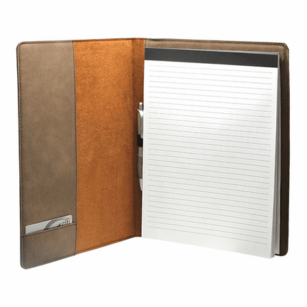 Tan leatherette portfolio opened up to reveal a small pocket on the left hand cover, a note pad on the right hand over, and a pen in an elastic holder in the center.