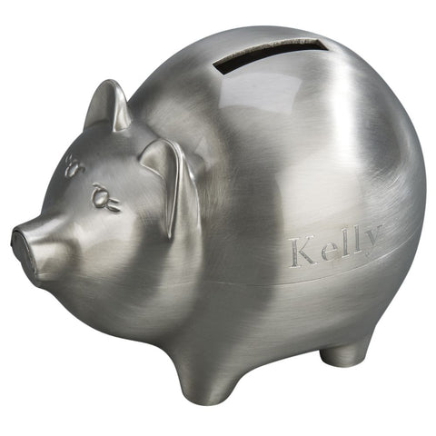Brushed silver metal piggy bank featuring a coin slot on the top and engraved with a name on the left hand side.