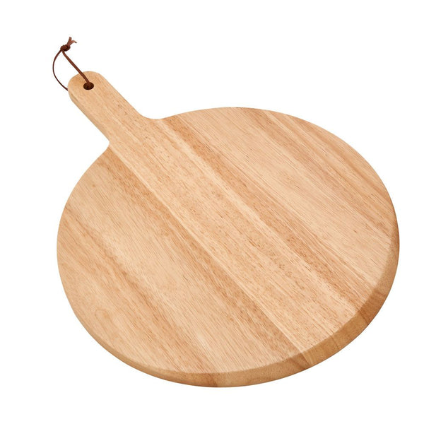Large round pizza cutting board with handle. Light wood with a handle makes cutting and transporting food easy.