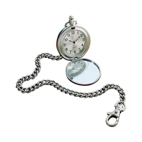 Silver pocket watch featuring a chain with a lobster claw clasp on the end. The clock itself opens up to reveal a white face with black hands and numbers. The opposite side of the clock is a mirror that can be engraved.