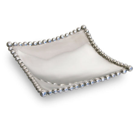 Shiny silver medium sized square shaped tray with a beaded edge and pointed edges. Center of the tray can be engraved with a special message.