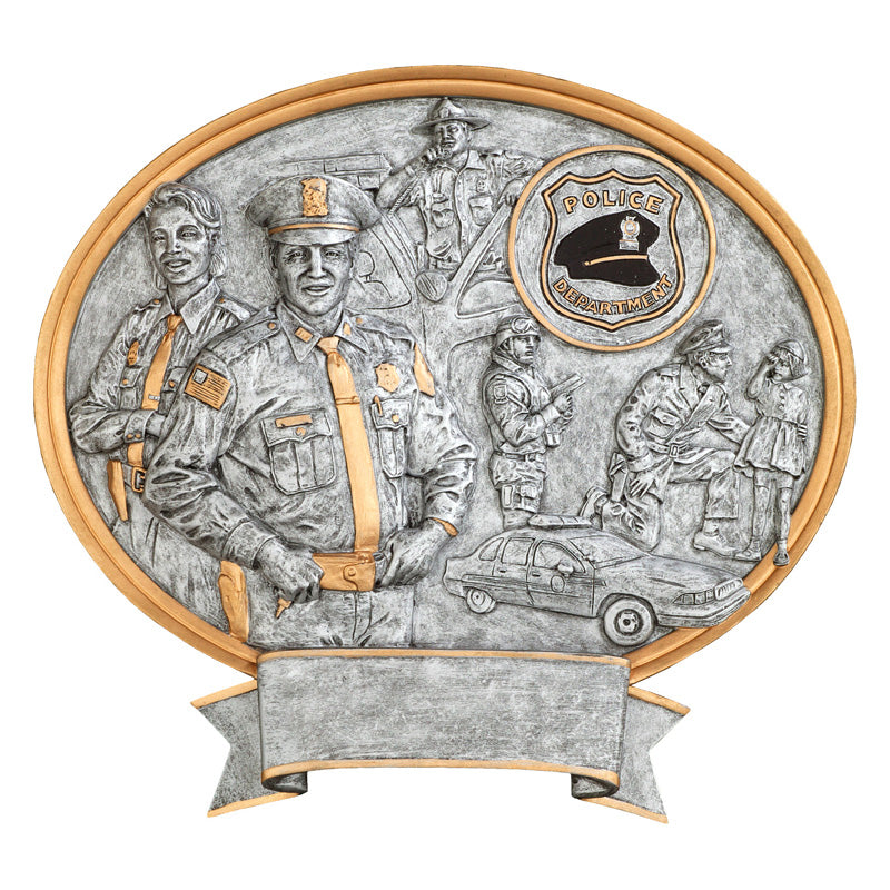 Silver oval shaped police award resin featuring a gold outline, a male and female cop, a cop in the background getting out of a squad car, a black police hat, an a policeman kneeling down talking to a little girl.