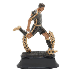 Black and gold soccer trophy featuring a black oval shaped base, a wreath, and a male soccer player with his leg extended as if he is about to kick a soccer ball.