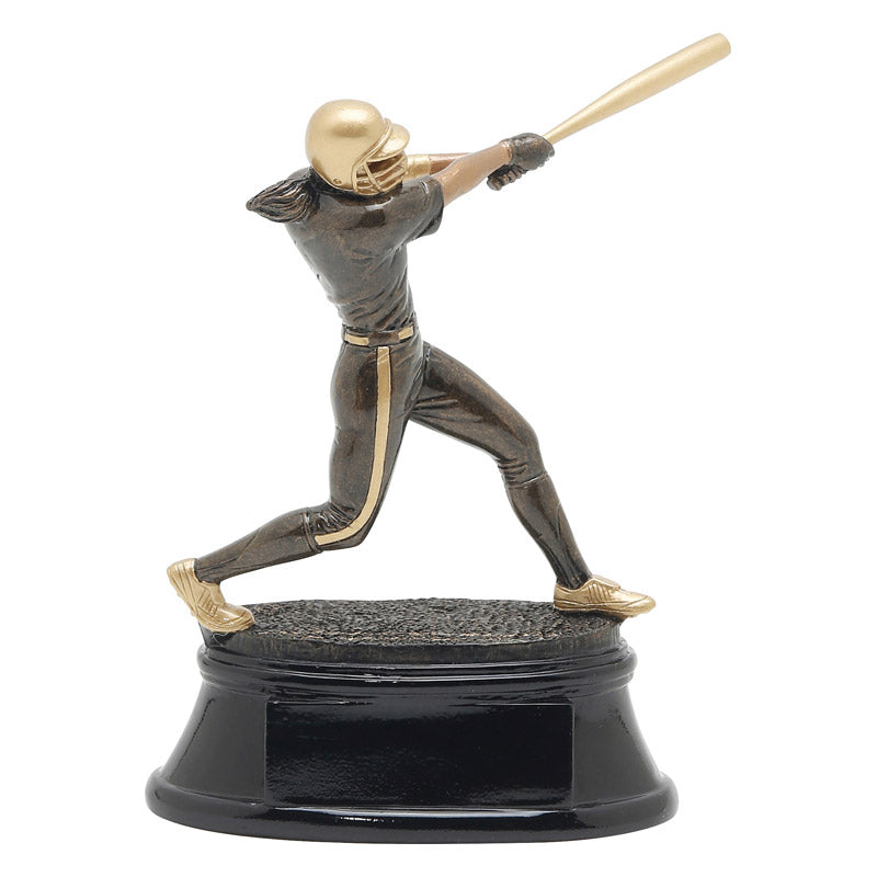 Black and gold softball trophy featuring a black oval shaped base and a female softball player attached with her bat up as if she is mid swing.