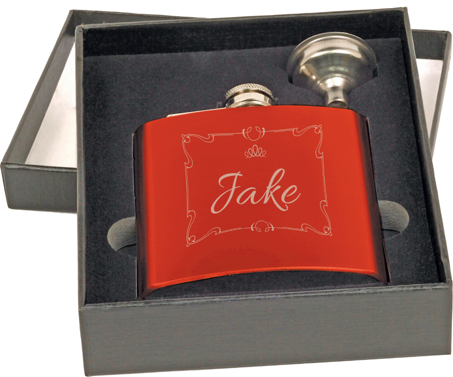 Personalized red flask and funnel set.