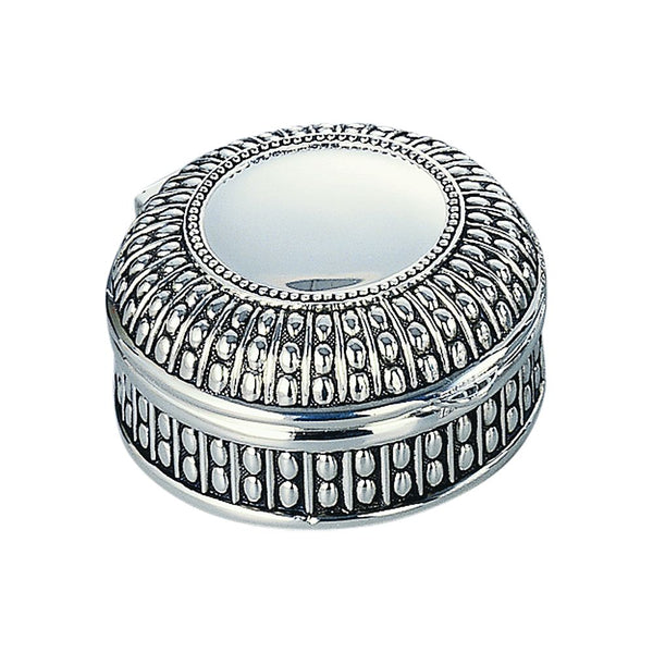 Round jewelry box with hinged lid and a beaded design. The top features a silver circle with a flat area for engraving.