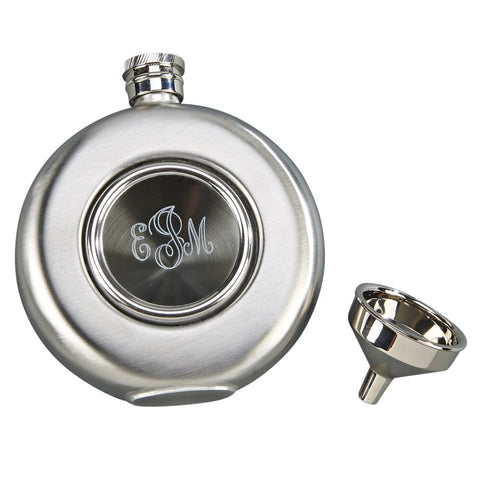 Personalized round metal flask.