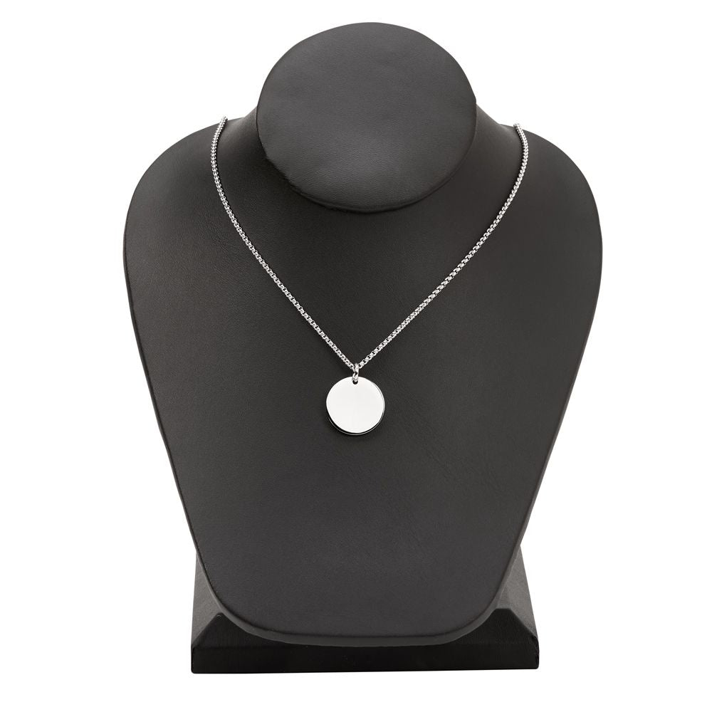 Monogrammed round silver pendant necklace.