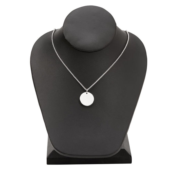 Monogrammed round silver pendant necklace.