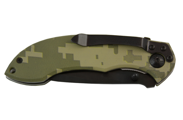 Digital camouflage knife that is engraved with a company logo on the handle. There is a black clip attached to the back side of the knife.