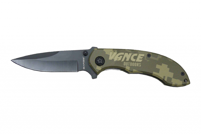 Digital camouflage knife that is engraved with a company logo on the handle. The dark grey blade of the knife is extended.