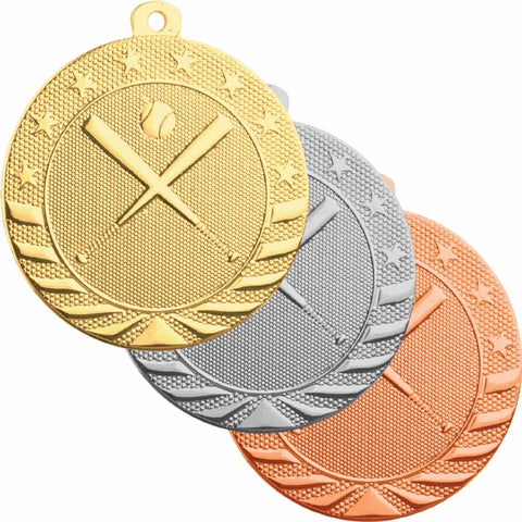 Gold, silver, and bronze baseball medals featuring two bats crossed in an "X" pattern with a baseball on top