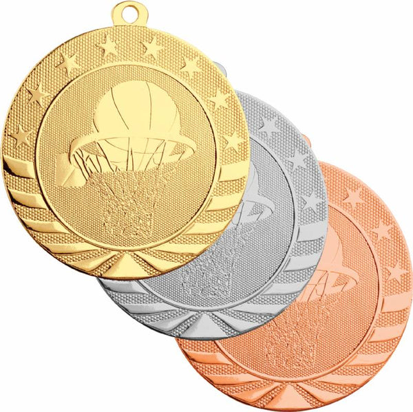 Gold, silver, and bronze baseball medals featuring a basketball going into a basketball hoop