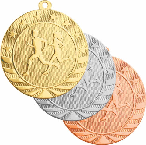 Gold, silver, and bronze cross country medals featuring a male and female cross country runner in stride