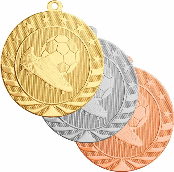 Gold, silver, and bronze soccer medals featuring a soccer cleat and a soccer ball