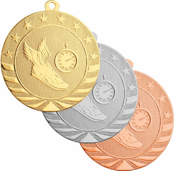 Gold, silver, and bronze track medals featuring a winged shoe and stop watch design