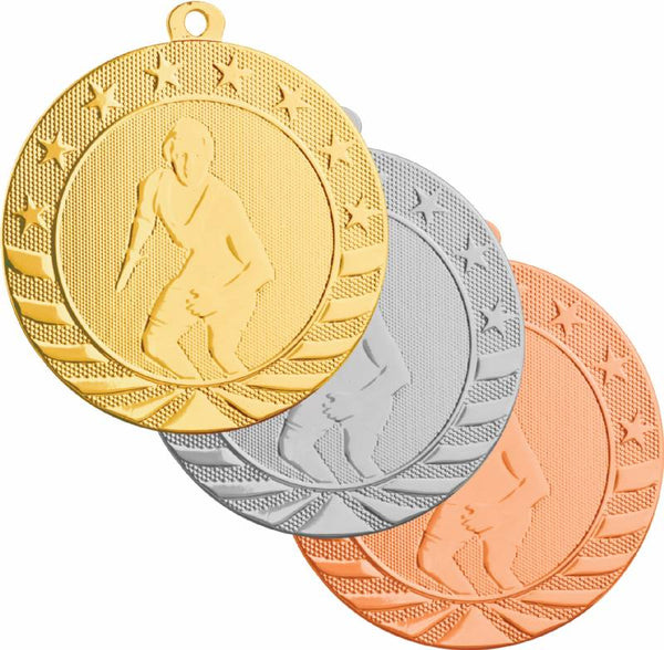 Gold, silver, and bronze wrestling medals featuring a wrestler in a singlet