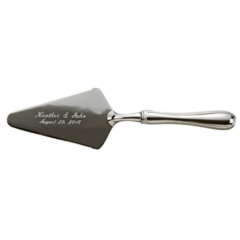 Shiny silver cake server engraved with two names and a date in a beautiful cursive font.