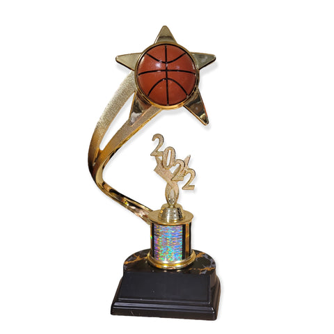 basketball trophy with colored column and free engraved plate