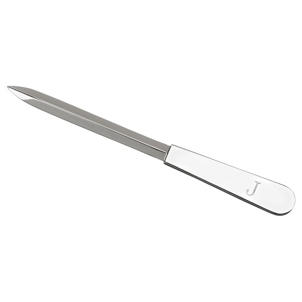 Shiny silver letter opener featuring a silver rounded sleek handle that is engraved with the letter "J".