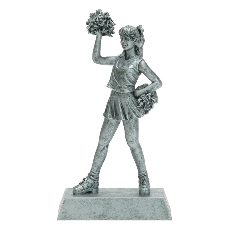 Silver cheerleading resin featuring a rectangular base and a young cheerleader with pom poms.
