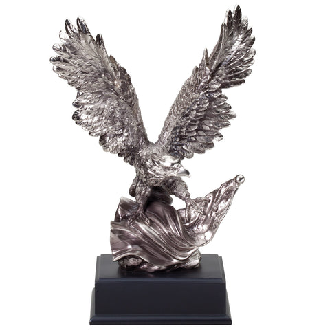 Large silver eagle resin featuring a black square wooden base and an eagle landing on an American flag with its wings spread resin attached.