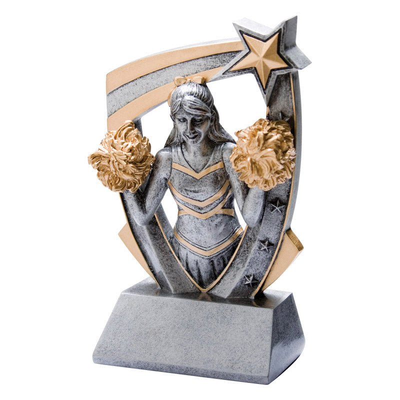 Silver shield shaped cheerleading resin featuring a cheerleader holding up her two pom poms.