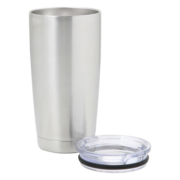 Stainless steel silver engraved tumbler with a skinny bottom to fit in a cup holder. Comes with a clear plastic lid.