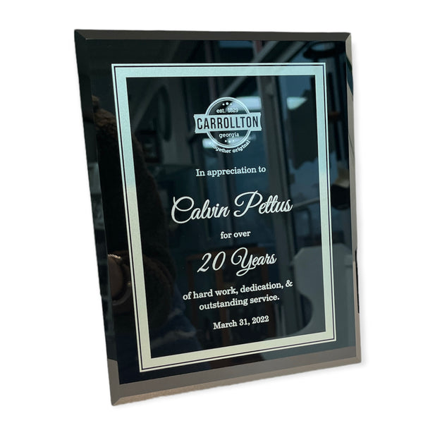 black and silver glass award