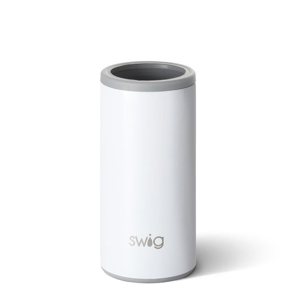 Swig brand 12 oz skinny can koozie. The can cooler is a pearl glittery white color.