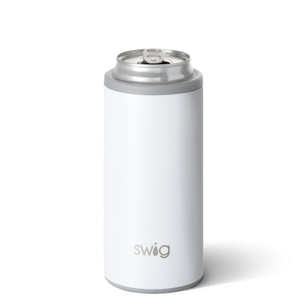 Swig brand 12 oz skinny can koozie. The can cooler is a pearl glittery white color.