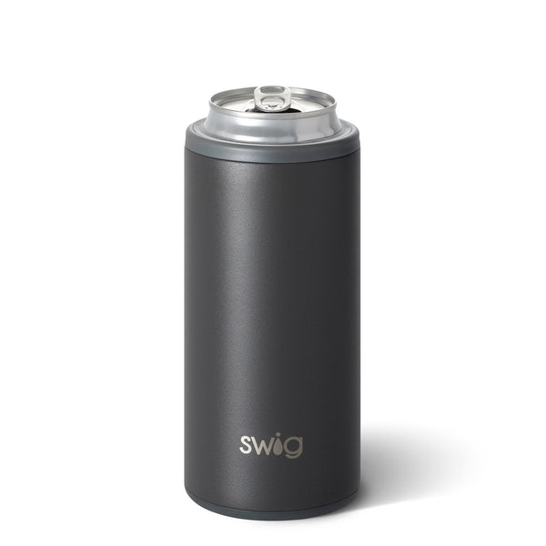 Swig brand 12 oz skinny can koozie. The can cooler is matte black.