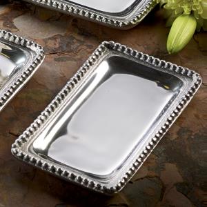 Shiny silver small rectangle shaped tray with a beaded edge. Center of the tray can be engraved with a special message.