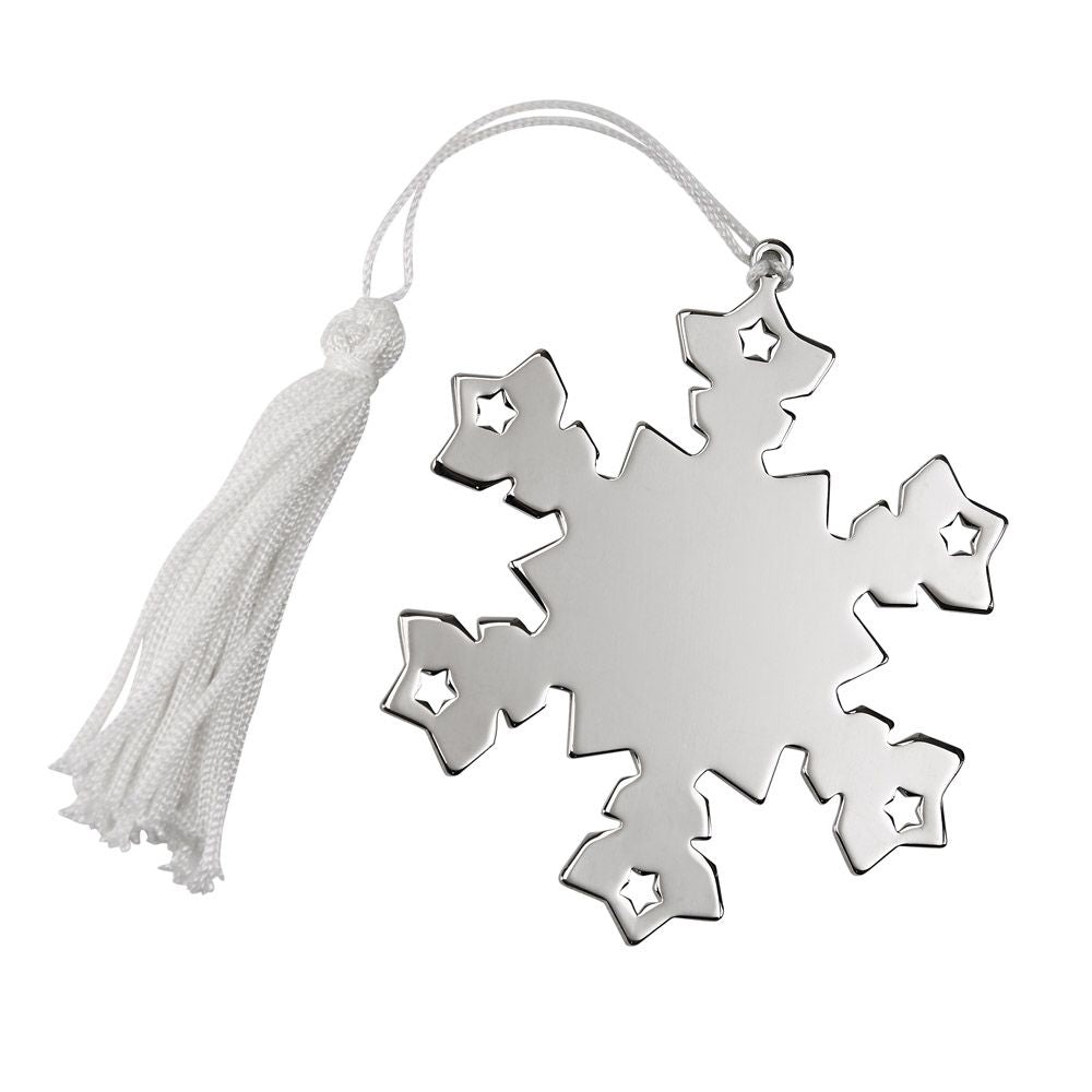 Shiny silver nowflake shaped ornament with a white string and tassel for hanging. The ornament is flat and the center can be engraved.