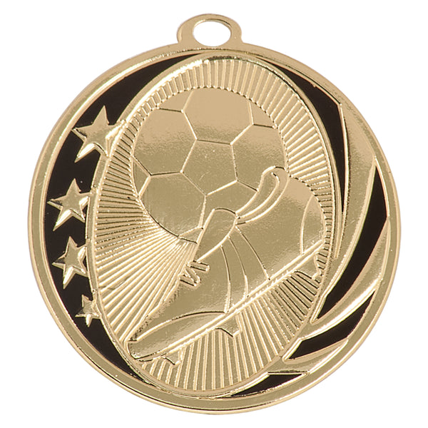 Gold and black soccer medal with stars, soccer ball, and soccer cleats design