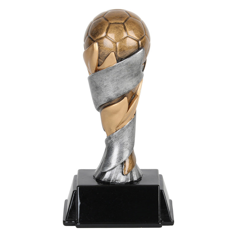 Soccer trophy featuring a rectangle shaped black base, a silver and gold pedestal, and a bronze soccer ball sitting on top.