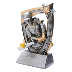 Silver shield shaped softball trophy featuring the top half of a softball player hitting a large yellow softball.