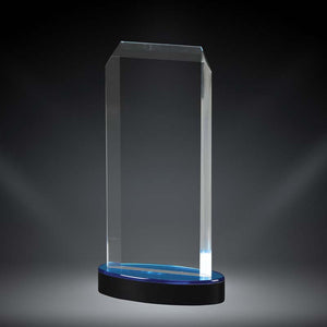Clear acrylic award with beveled edges and a black and blue base.