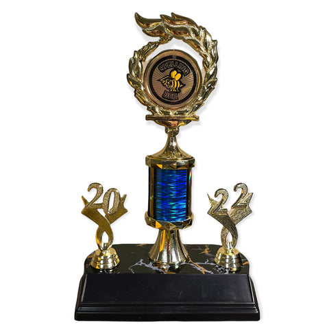 spelling bee trophy with colored column to match your school colors and free engraved plate