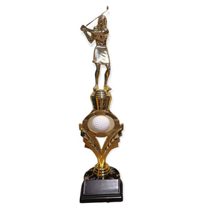gold female golf trophy with free engraved plate