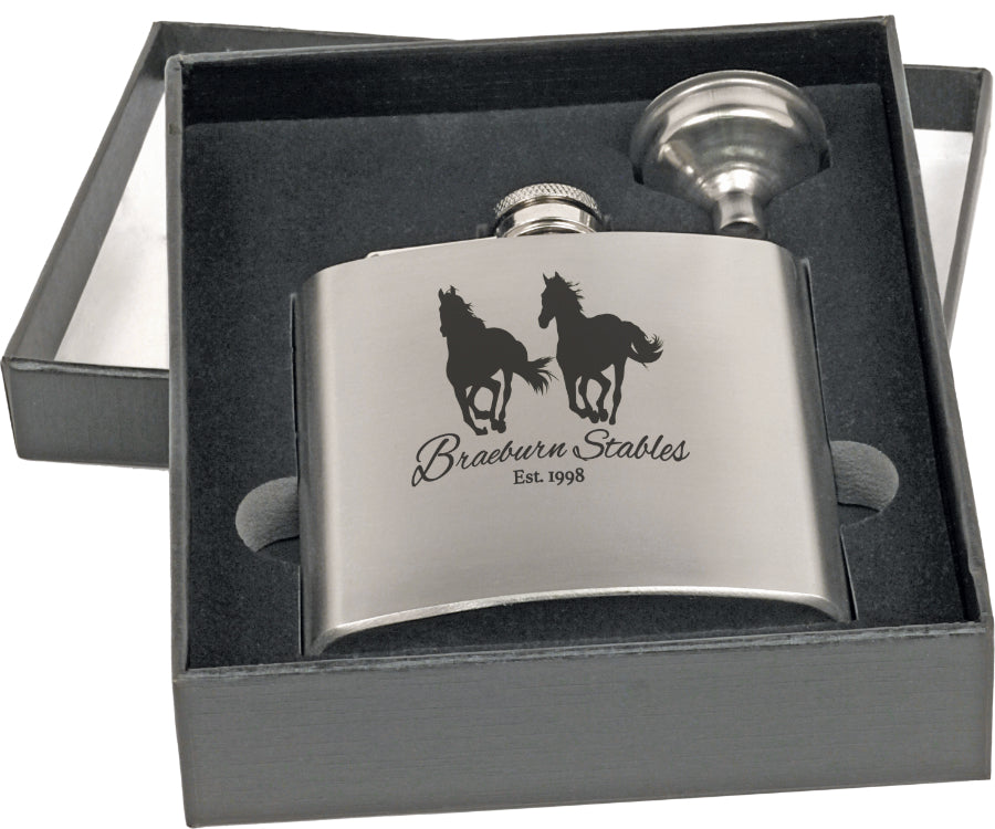 Personalized flask and funnel set.