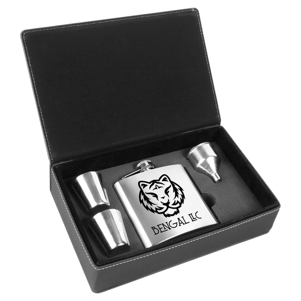 Personalized stainless steel flask and shot glass set.