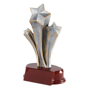 Victory trophy featuring an oval shaped maroon glossy base with three silver shooting stars attached to the base. The stars are small, medium, and large and are outlined in gold.