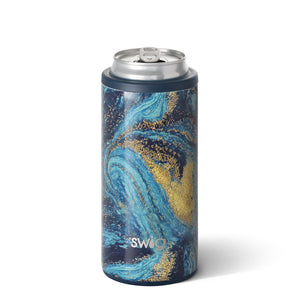 Swig brand 12 oz skinny can koozie. The can cooler is designed with a navy blue, turquoise, and gold design to resemble the famous Van Gogh painting "Starry Night".