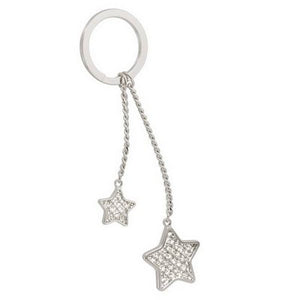 Silver keychain featuring two chains attached to the key ring. One is longer, one is shorter. At the end of each chain hangs a large glitter star and a small glitter star.