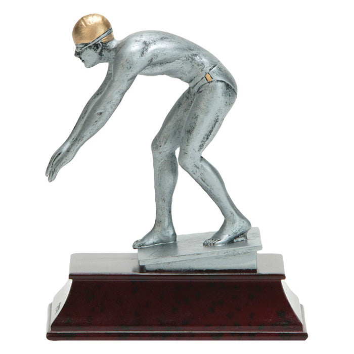 Swim trophy featuring a rectangle maroon shaped base and a silver male swimmer on a stand as if he is about to dive off.